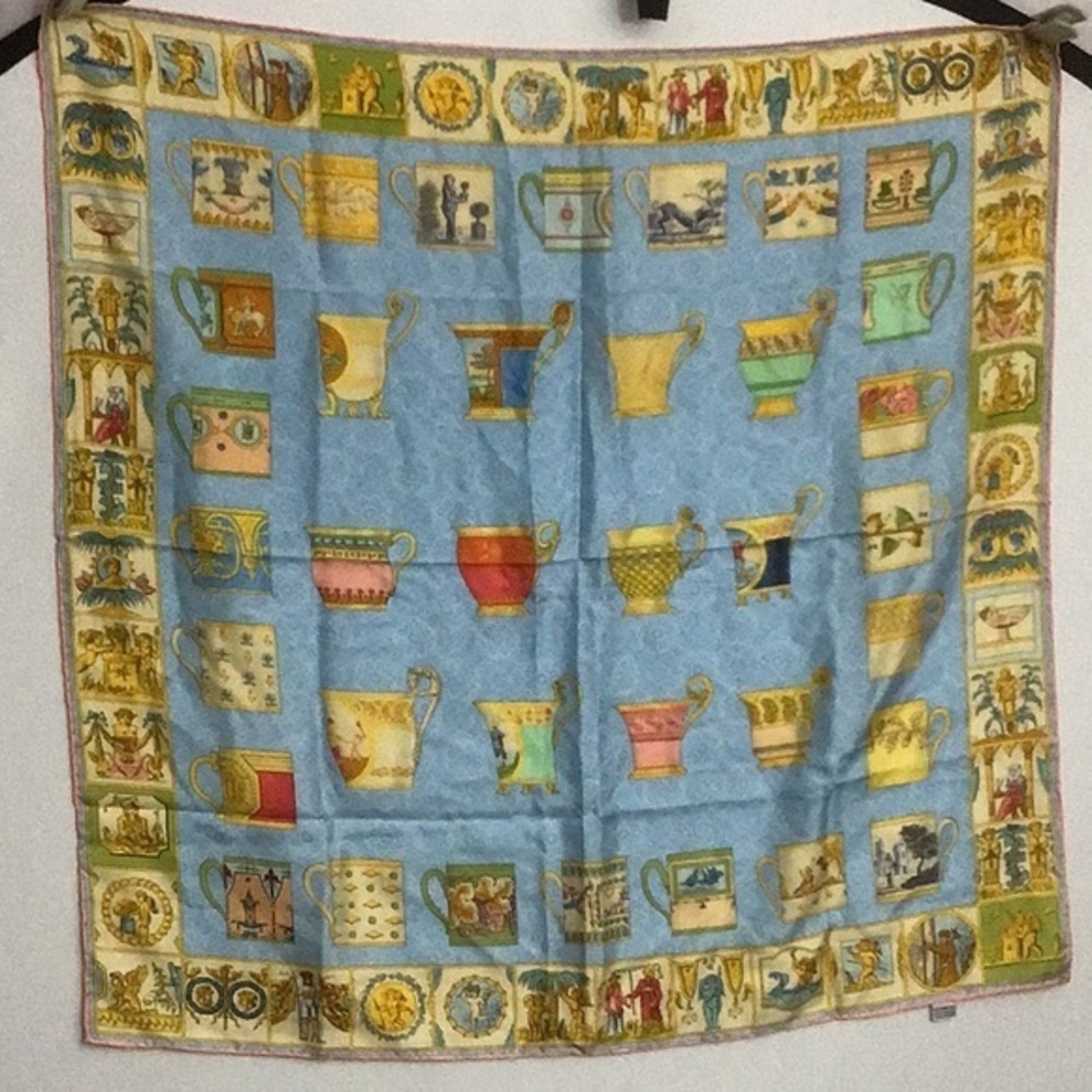 Cherubs and Demitasse Cup Printed Silk Scarf Blue and Gold Square EUC